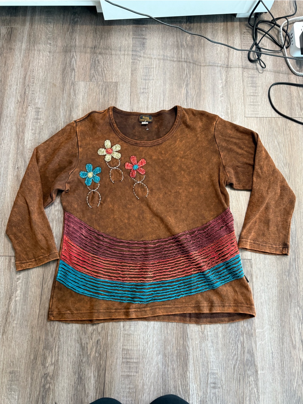 Rising International brown boho embroidered floral top